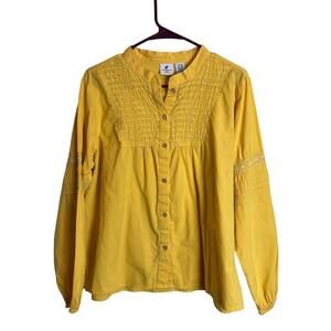 Carribean Joe Womens Blouse XL Yellow Long Sleeve Pleated Front Boho Button...